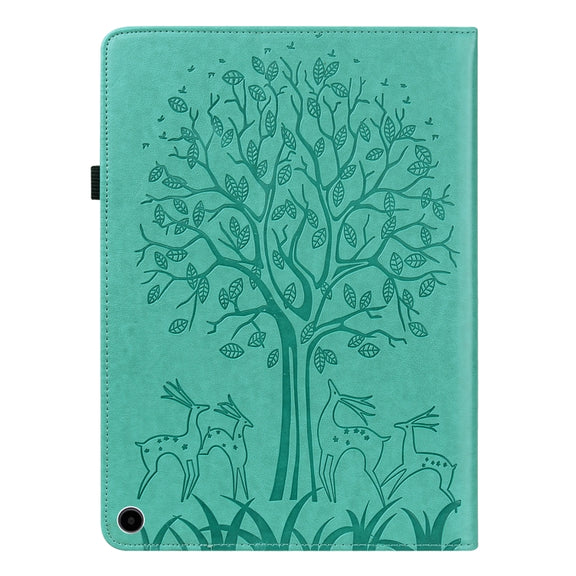 For Amazon Fire Max 11 Tree & Deer Embossed Leather Tablet Case(Green)