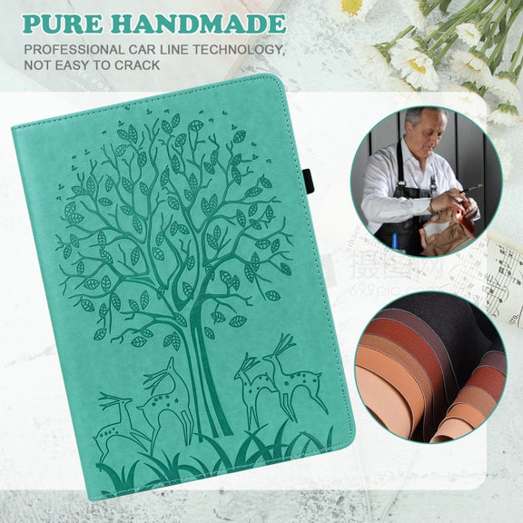 For Amazon Fire Max 11 Tree & Deer Embossed Leather Tablet Case(Green)