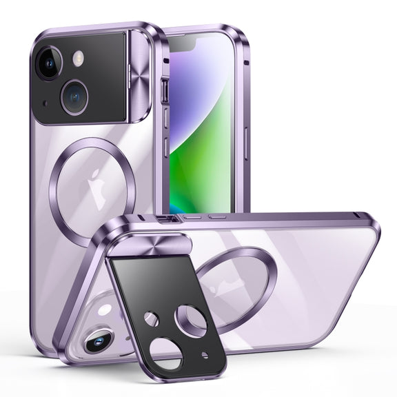 For iPhone 14 Large Window Holder MagSafe Magnetic Metal Phone Case(Purple)