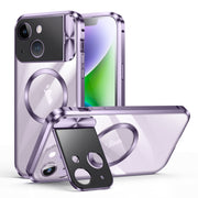 For iPhone 13 Large Window Holder MagSafe Magnetic Metal Phone Case(Purple)