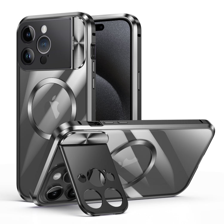 For iPhone 15 Pro Max Large Window Holder MagSafe Magnetic Metal Phone Case(Black)
