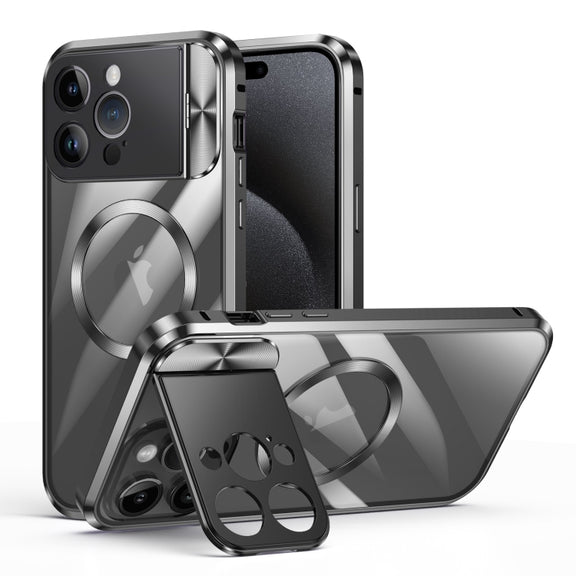 For iPhone 15 Pro Max Large Window Holder MagSafe Magnetic Metal Phone Case(Black)