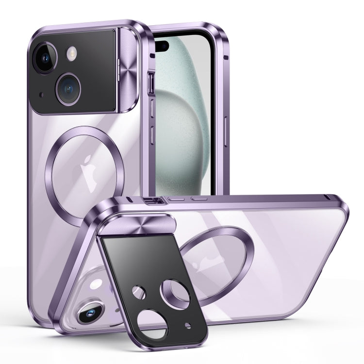 For iPhone 15 Large Window Holder MagSafe Magnetic Metal Phone Case(Purple)