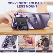 For iPhone 14 Pro Max Large Window Holder MagSafe Magnetic Metal Phone Case(Yellow)