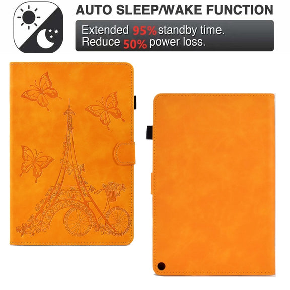 For Amazon Fire Max 11 2023 Embossed Tower Flip Smart Leather Tablet Case(Khaki)