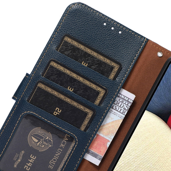 For iPhone 16 KHAZNEH Litchi Texture Leather RFID Phone Case(Blue)