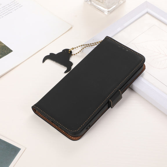For iPhone 16 Pro Max Genuine Leather Magnetic RFID Leather Phone Case(Black)