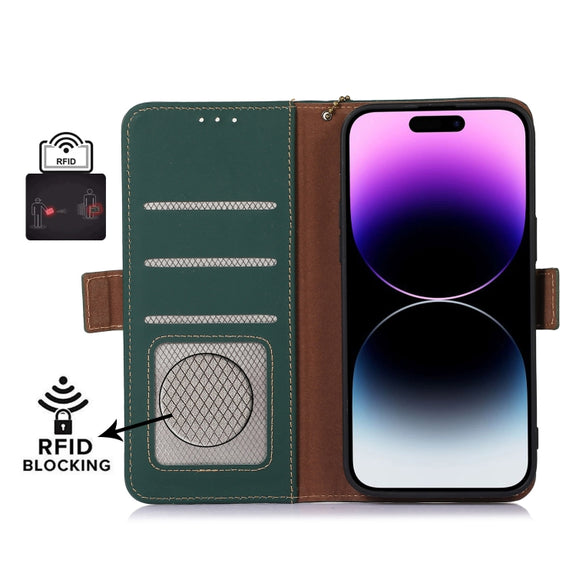 For iPhone 16 Pro Max Genuine Leather Magnetic RFID Leather Phone Case(Green)