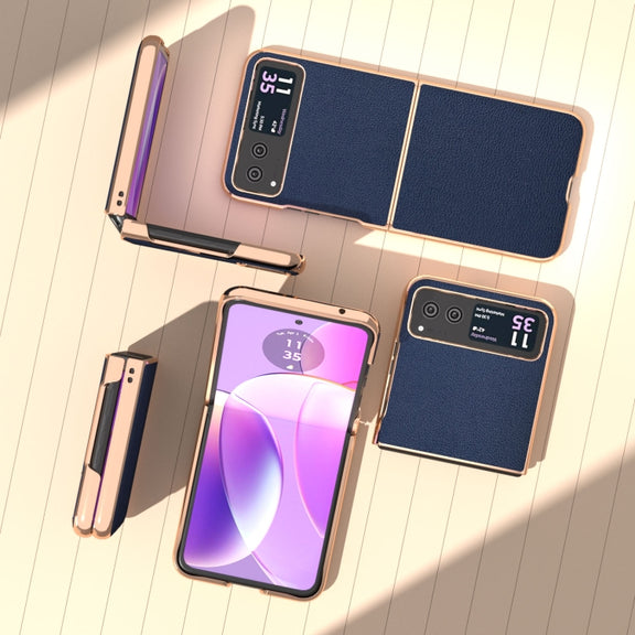 For Motorola Razr 40 Nano Plating Genuine Leather Luolai Series Phone Case(Dark Blue)