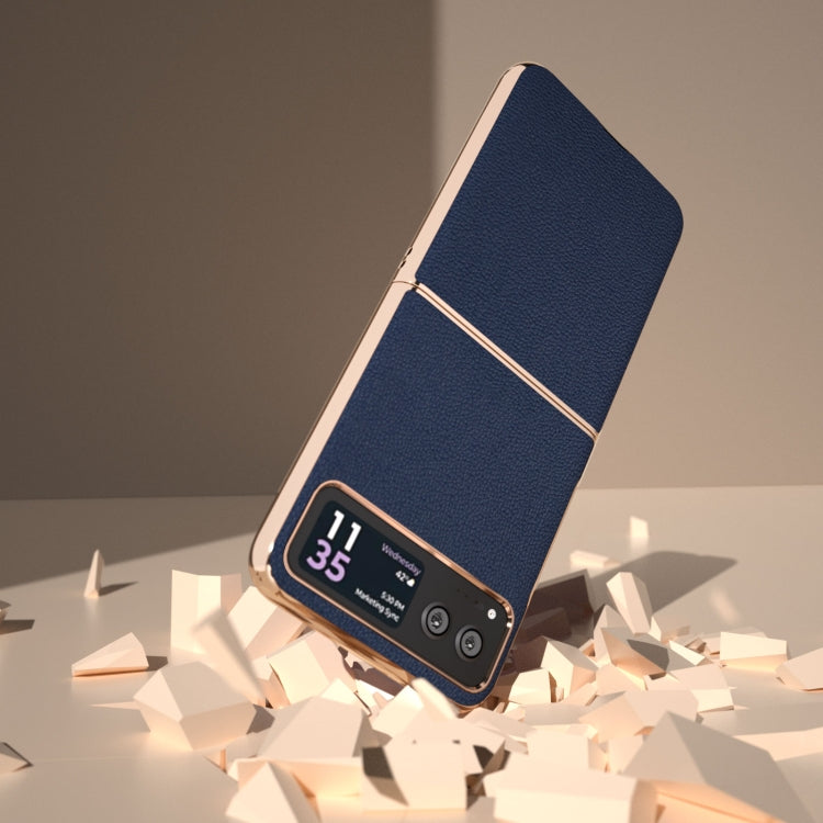 For Motorola Razr 40 Nano Plating Genuine Leather Luolai Series Phone Case(Dark Blue)