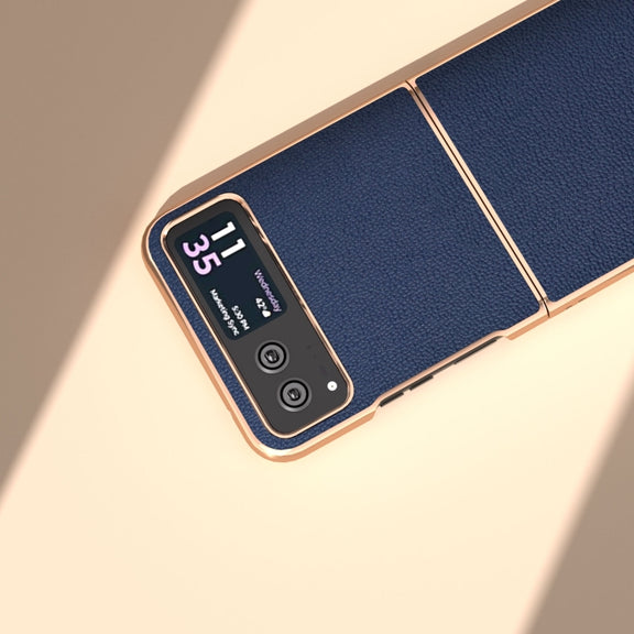 For Motorola Razr 40 Nano Plating Genuine Leather Luolai Series Phone Case(Dark Blue)