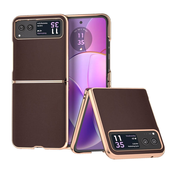 For Motorola Razr 40 Nano Plating Genuine Leather Xiaoya Series Phone Case(Coffee)