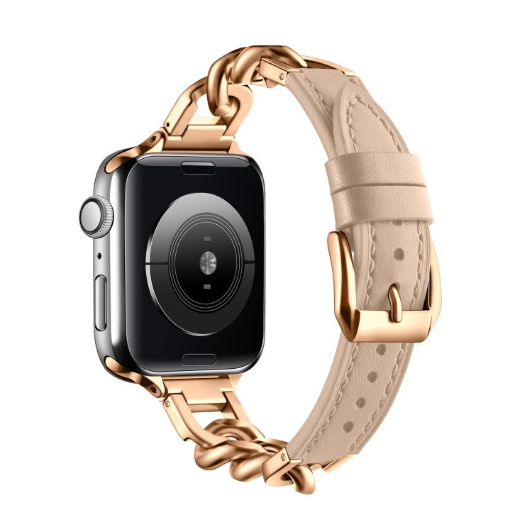 For Apple Watch SE 2023 44mm Chain Genuine Leather Watch Band, Size: L(Rose Gold Apricot)