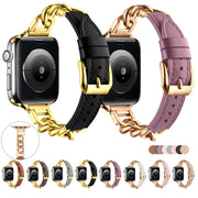 For Apple Watch SE 2023 40mm Chain Genuine Leather Watch Band, Size: L(Gold Black)
