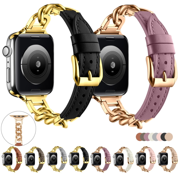 For Apple Watch Series 9 45mm Chain Genuine Leather Watch Band, Size: L(Gold Grey)