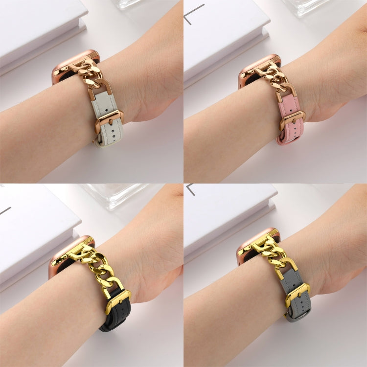 For Apple Watch SE 2023 44mm Chain Genuine Leather Watch Band, Size: L(Gold Grey)