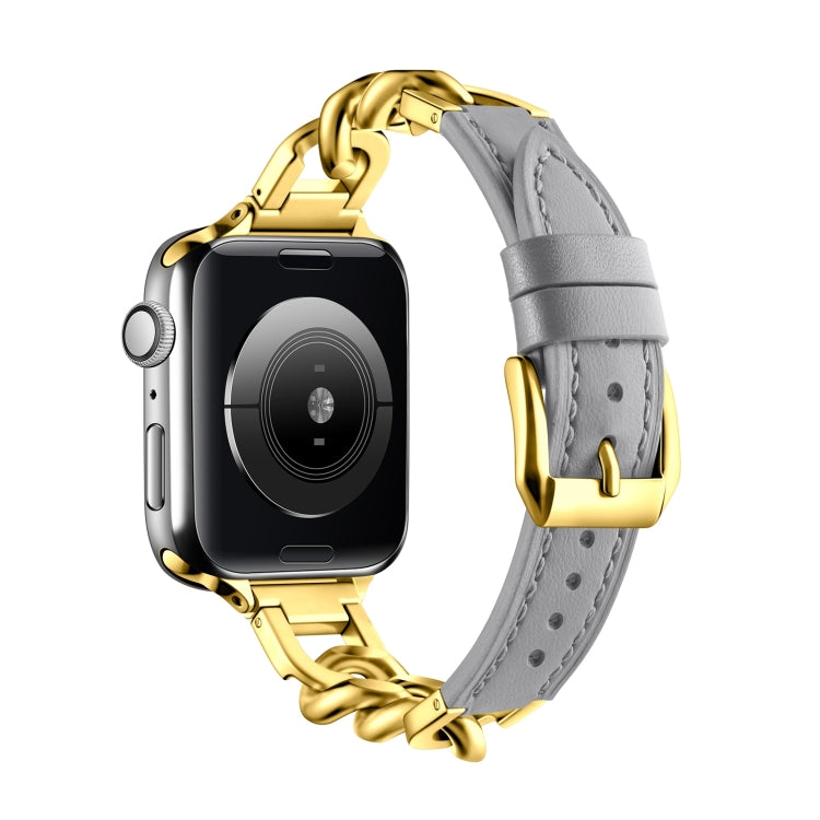 For Apple Watch 38mm Chain Genuine Leather Watch Band, Size: S(Gold Grey)
