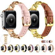 For Apple Watch Series 8 45mm Chain Genuine Leather Watch Band, Size: S(Gold Dark Brown)