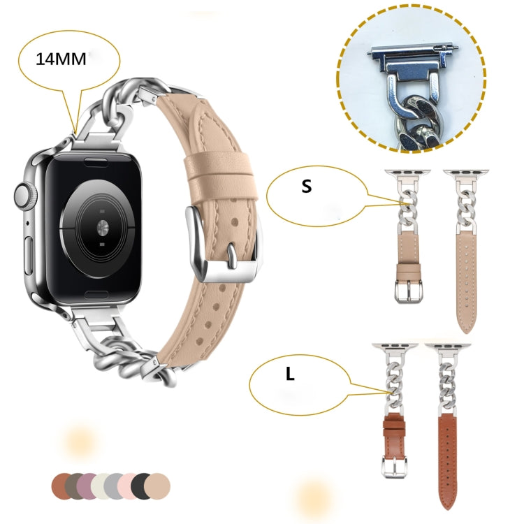 For Apple Watch 42mm Chain Genuine Leather Watch Band, Size: S(Gold Black)