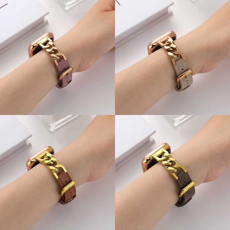 For Apple Watch 42mm Chain Genuine Leather Watch Band, Size: S(Gold Dark Brown)