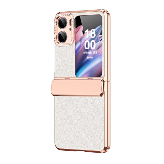 For OPPO Find N2 Flip Plated Plain Leather Folding Phone Case with Hinge(White)