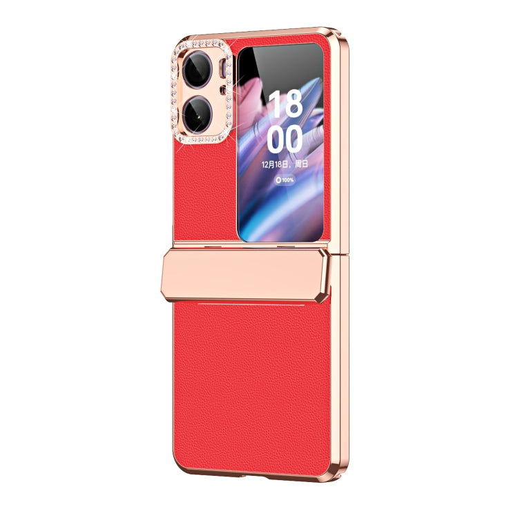 For OPPO Find N2 Flip Plated Plain Leather Folding Phone Case with Hinge(Red)