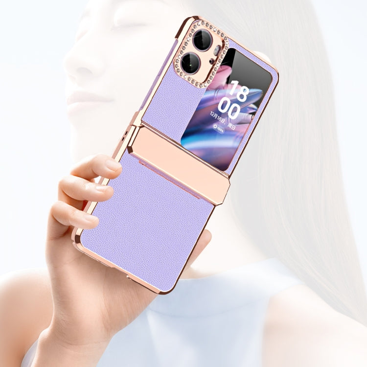 For OPPO Find N2 Flip Plated Plain Leather Folding Phone Case with Hinge(Purple)