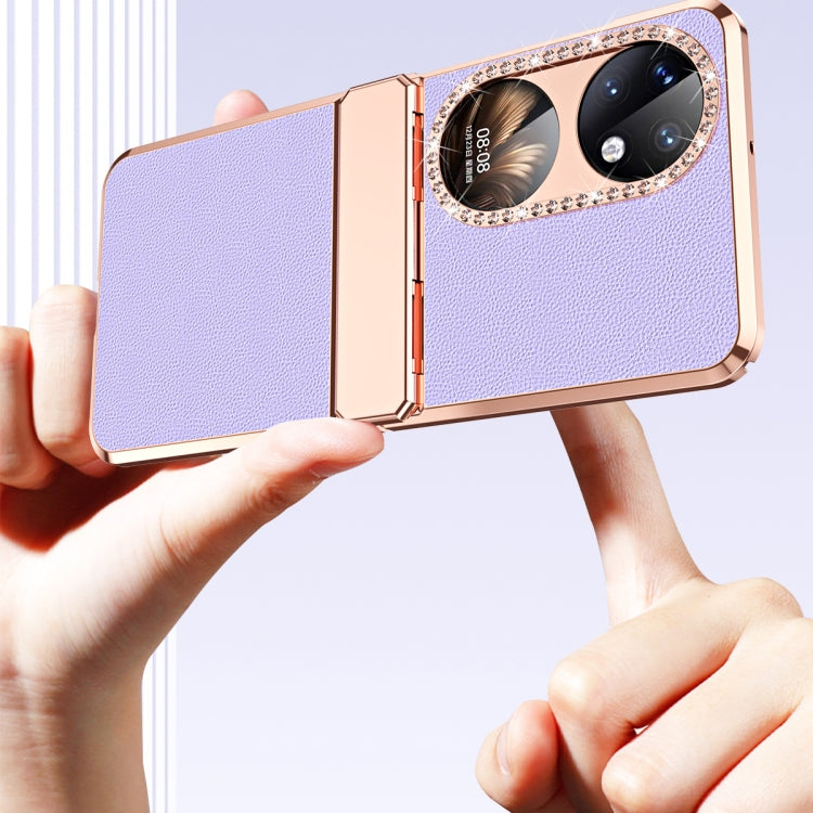 For Huawei P50 Pocket Plated Plain Leather Folding Phone Case with Hinge(Purple)