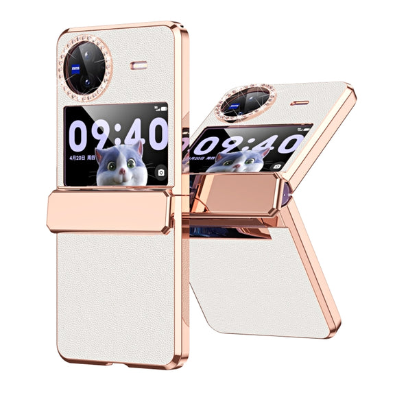 For vivo X Flip Plated Plain Leather Folding Phone Case with Hinge(White)