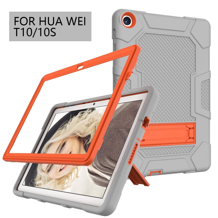 For Huawei MatePad T 10s / T10 Contrast Color Robot B3 Silicone Hybrid PC Tablet Case with Holder(Grey Orange)