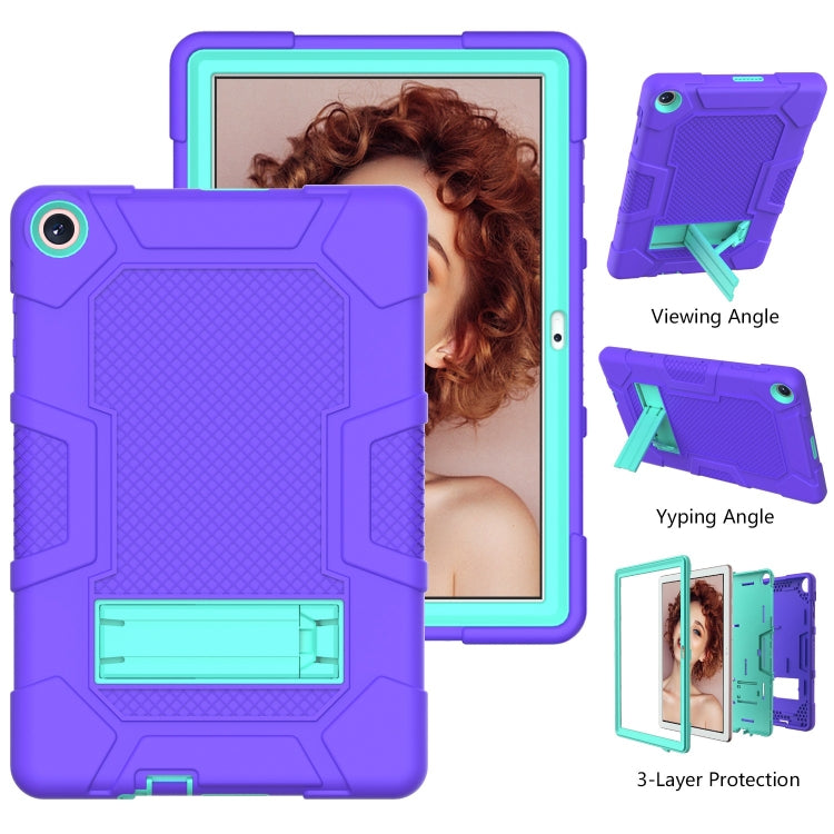 For Huawei MatePad T 10s / T10 Contrast Color Robot B3 Silicone Hybrid PC Tablet Case with Holder(Purple Mint Green)