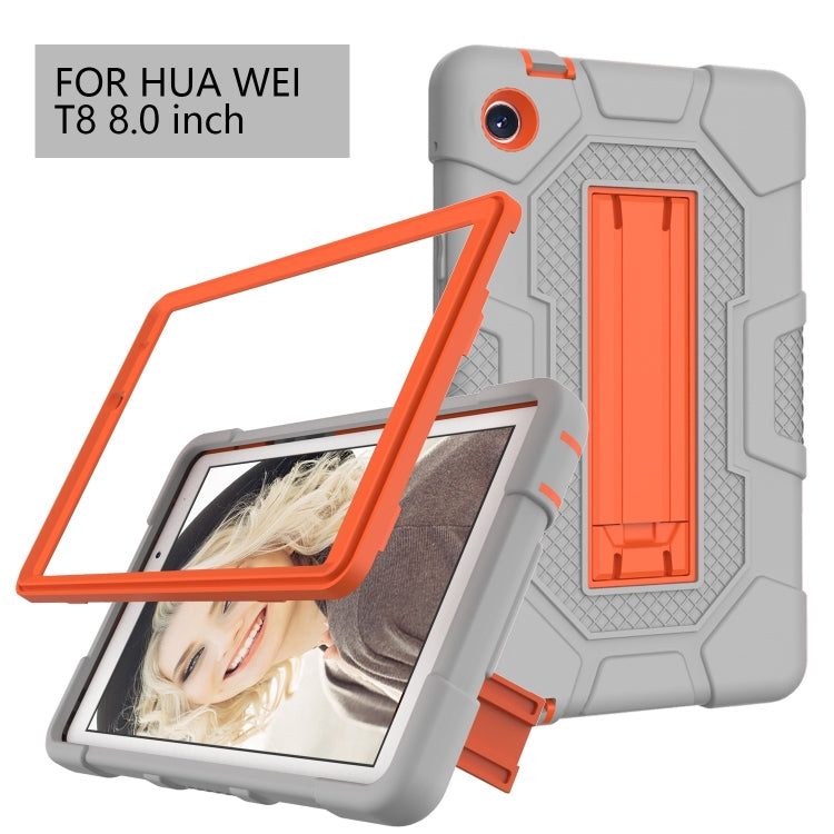 For Huawei MatePad T8 Contrast Color Robot B3 Silicone Hybrid PC Tablet Case with Holder(Grey Orange)