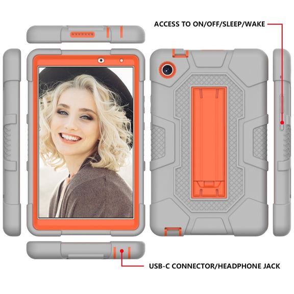 For Huawei MatePad T8 Contrast Color Robot B3 Silicone Hybrid PC Tablet Case with Holder(Grey Orange)