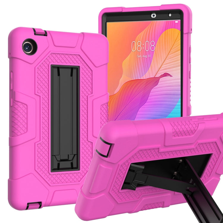 For Huawei MatePad T8 Contrast Color Robot B3 Silicone Hybrid PC Tablet Case with Holder(Rose Red Black)