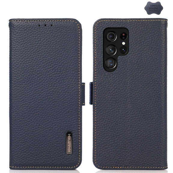 For Samsung Galaxy S24 Ultra KHAZNEH Side-Magnetic Litchi Genuine Leather RFID Phone Case(Blue)