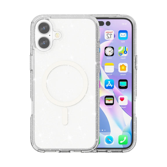 For iPhone 16 Terminator Style Glitter Powder MagSafe Magnetic Phone Case(White)
