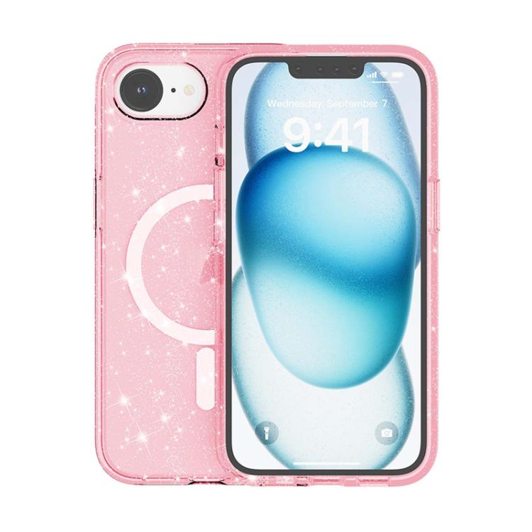 For iPhone 16e Terminator Style Glitter Powder MagSafe Magnetic Phone Case(Pink)