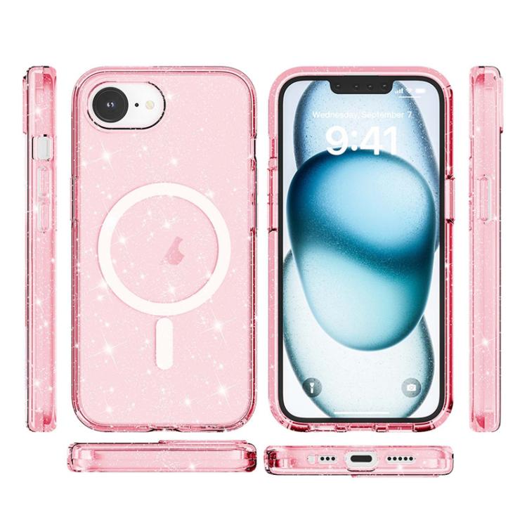 For iPhone 16e Terminator Style Glitter Powder MagSafe Magnetic Phone Case(Pink)
