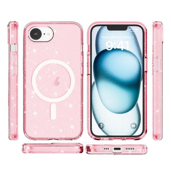 For iPhone 16e Terminator Style Glitter Powder MagSafe Magnetic Phone Case(Pink)