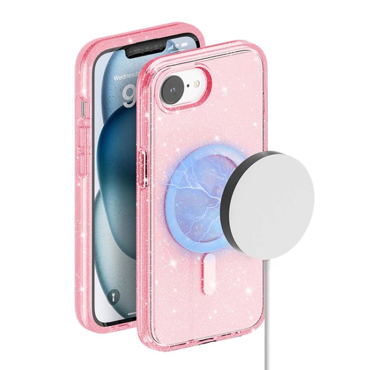 For iPhone 16e Terminator Style Glitter Powder MagSafe Magnetic Phone Case(Pink)