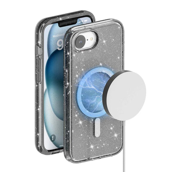 For iPhone 16e Terminator Style Glitter Powder MagSafe Magnetic Phone Case(Black)