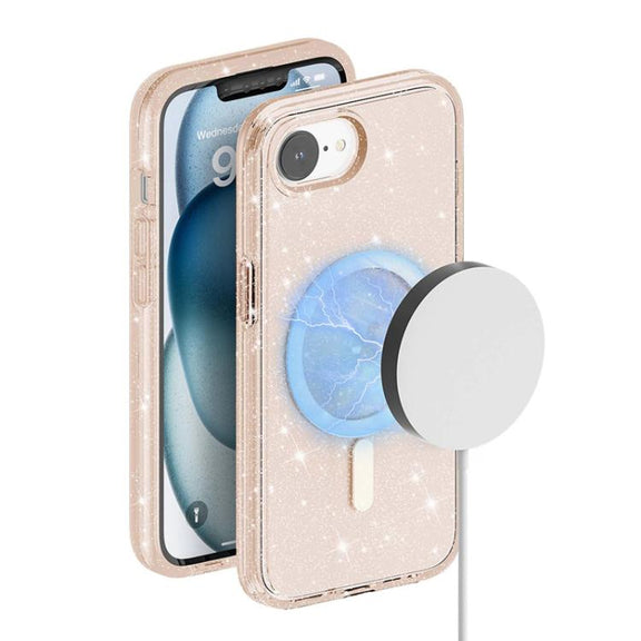 For iPhone 16e Terminator Style Glitter Powder MagSafe Magnetic Phone Case(Gold)