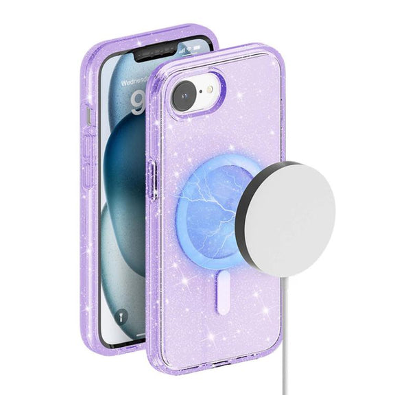 For iPhone 16e Terminator Style Glitter Powder MagSafe Magnetic Phone Case(Purple)