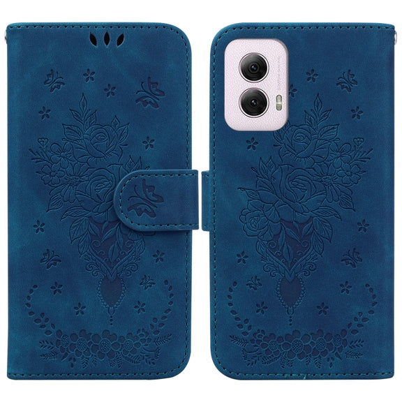 For Motorola Moto G Power 5G 2024 Butterfly Rose Embossed Leather Phone Case(Blue)