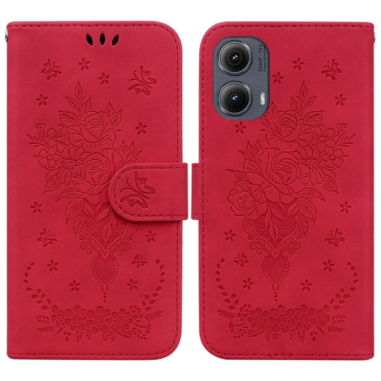 For Motorola Edge 2024 Butterfly Rose Embossed Leather Phone Case(Red)