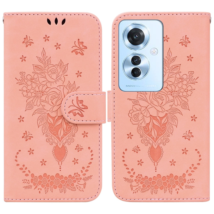 For OPPO Reno11 F Global Butterfly Rose Embossed Leather Phone Case(Pink)