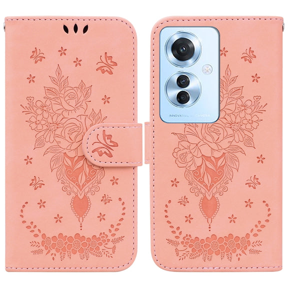 For OPPO Reno11 F Global Butterfly Rose Embossed Leather Phone Case(Pink)