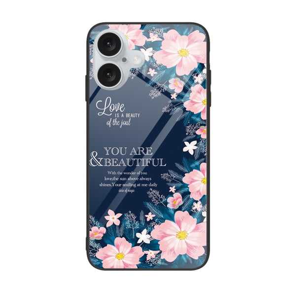 For iPhone 16 Colorful Painted Glass Phone Case(Flower)