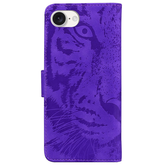 For iPhone 16e Tiger Embossing Pattern Leather Phone Case(Purple)