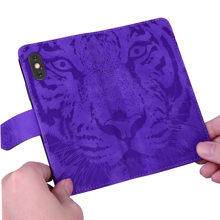 For iPhone 16e Tiger Embossing Pattern Leather Phone Case(Purple)